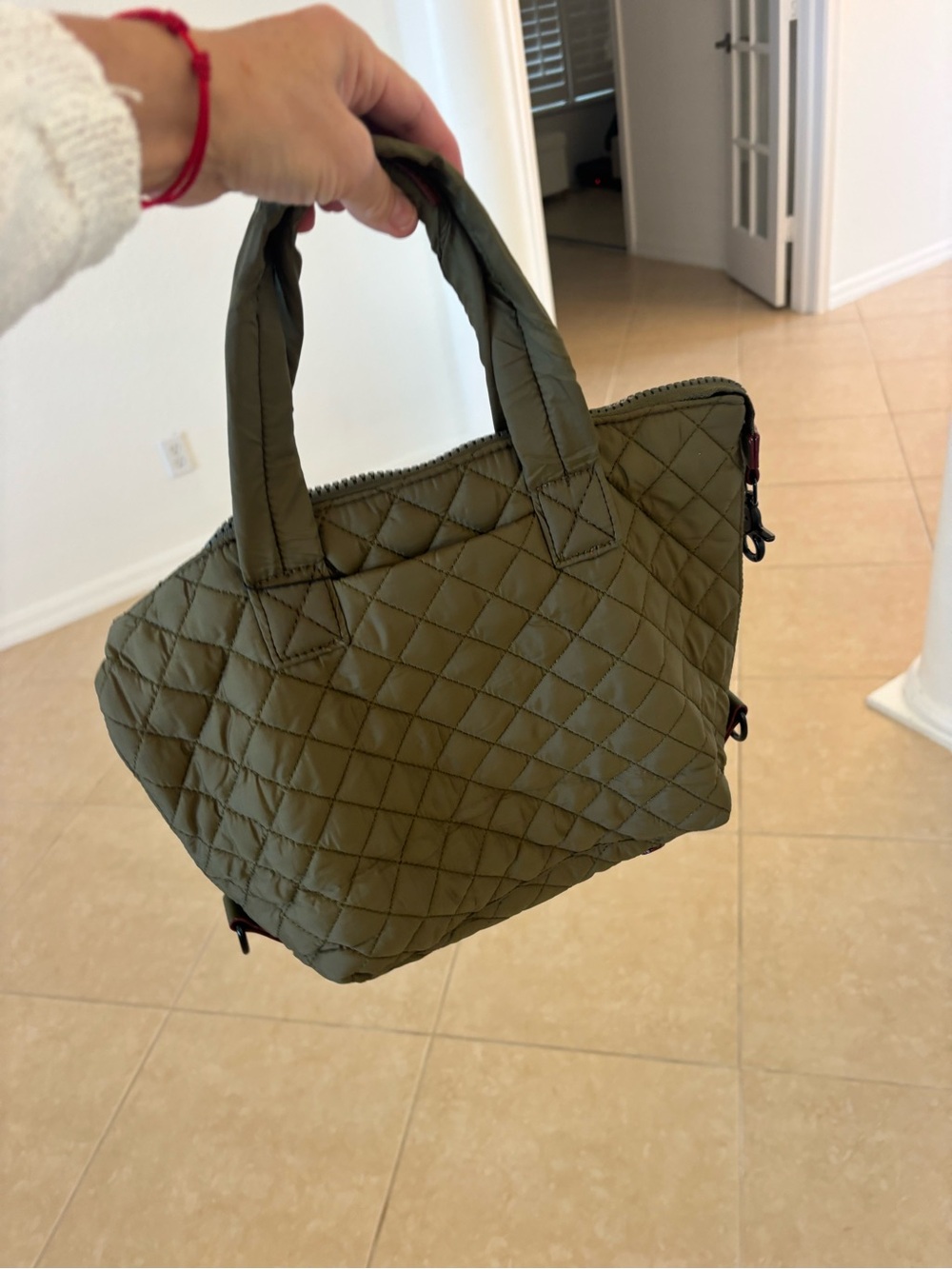 Quilted Military Green Women's Tote Bag with Top Handles - Picture 3 of 9